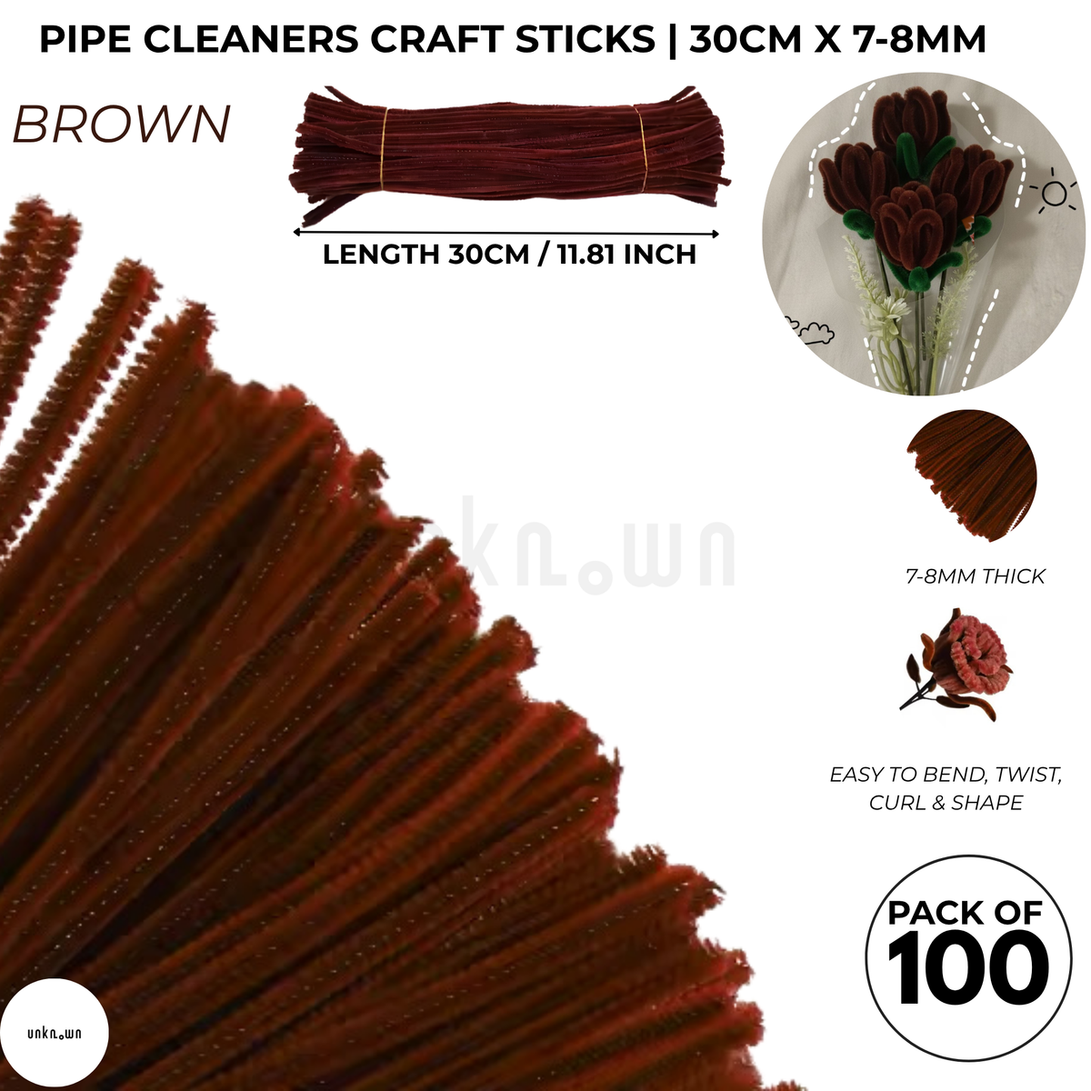 Premium Pipe Cleaner Sticks 100 Pcs | Velvet Pipe (Chenille Stems) for DIY Crafts, Handmade Flowers, School Art & Bouquet Making