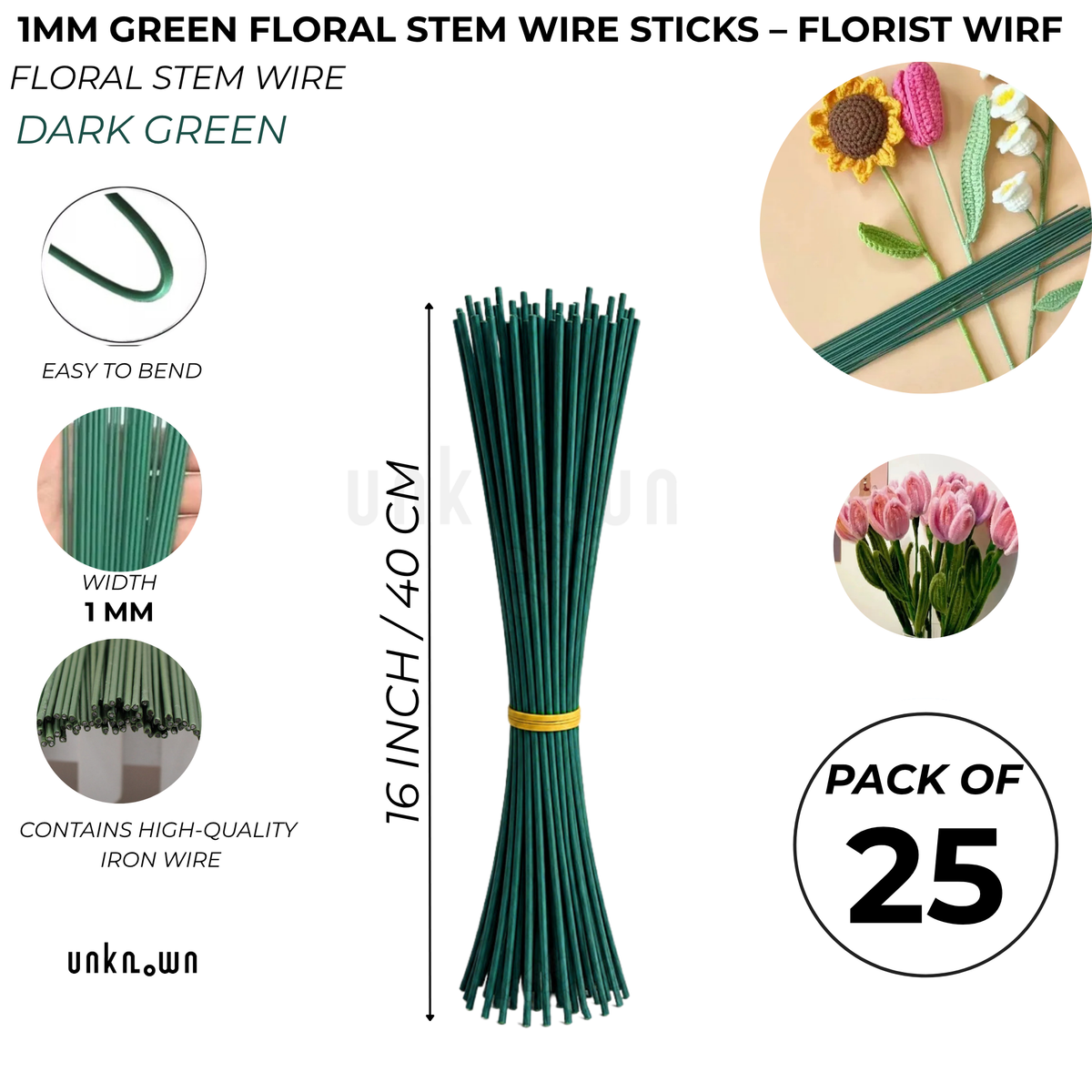 1mm Green Floral Stem Wire Sticks – 16 Inch / 40 CM Florist Wire for Artificial Flowers, Bouquet Making, Floral Crafts & DIY | Pack of 5, 15 & 25