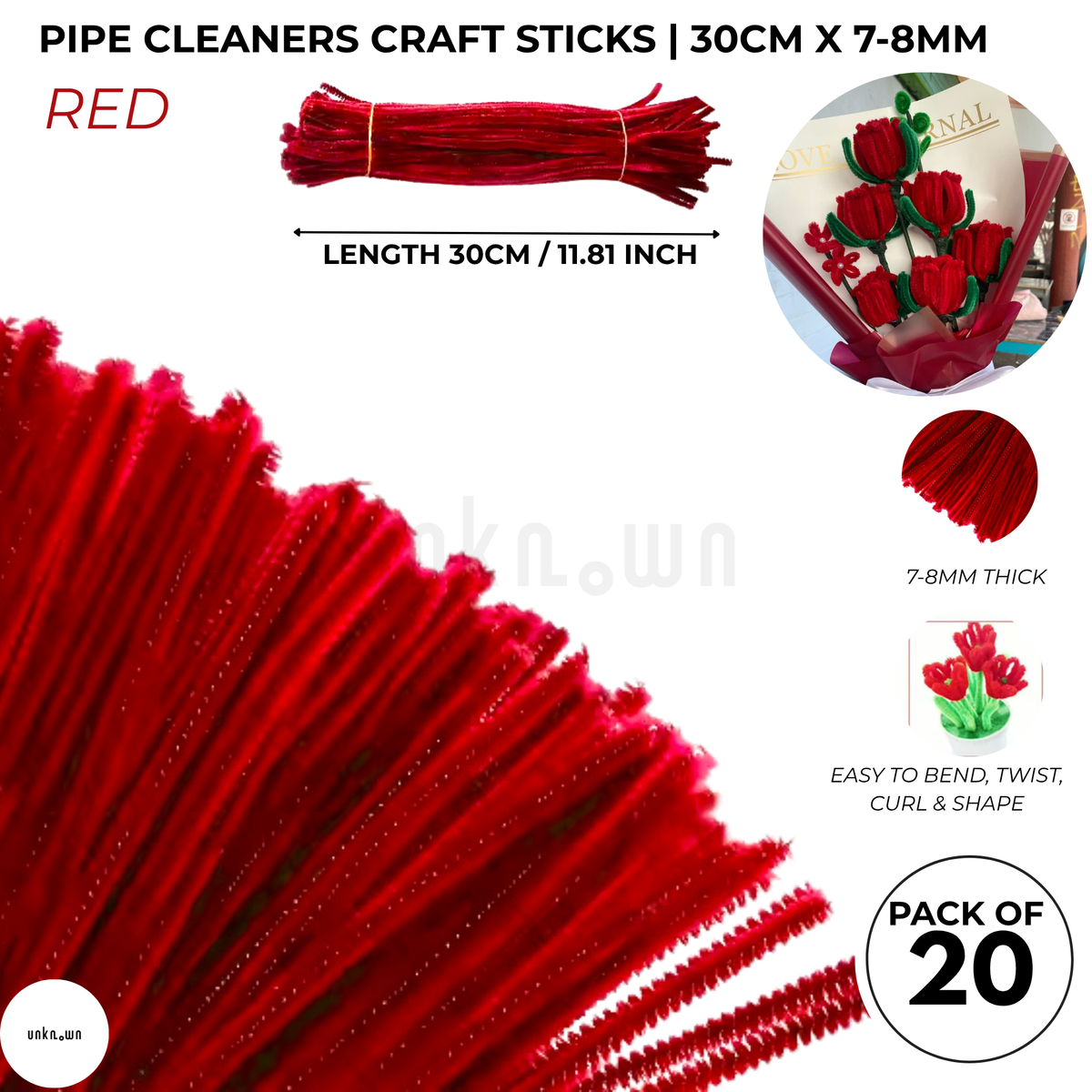 Velvet Pipe Cleaners Craft Sticks (20 Pcs) – 30cm Chenille Stems for DIY Crafts, Pipe Cleaner Flowers, Kids Art, School Projects & Bouquet Making