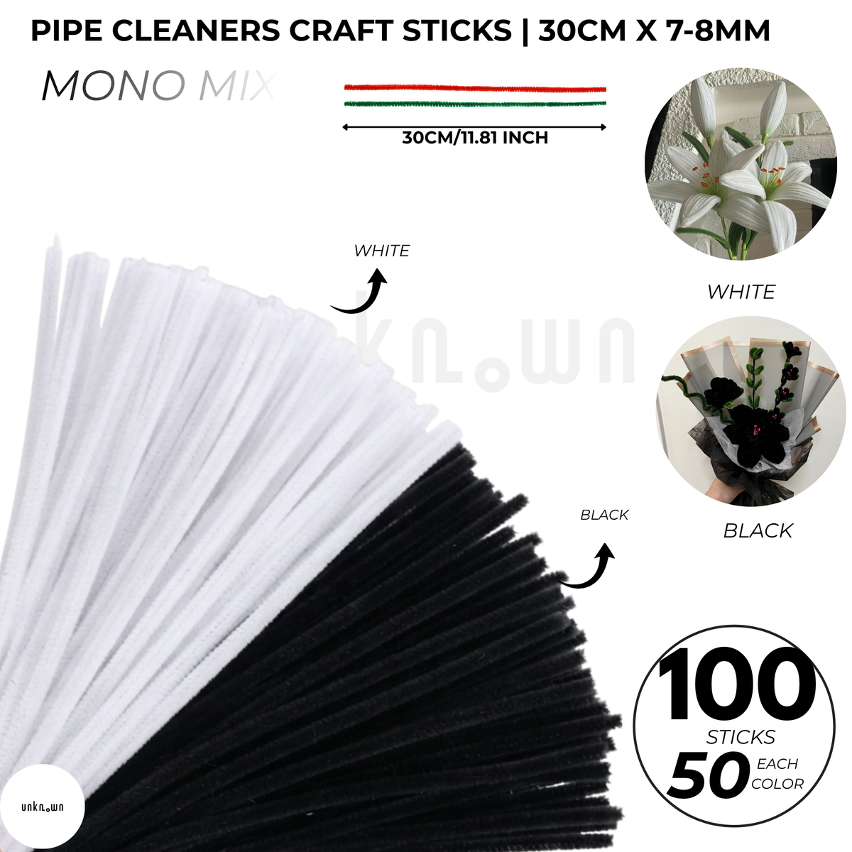 Pipe Cleaners Craft Sticks 100 Pcs (2 Color Mix) | Velvet Pipe Cleaner Chenille Stems 30cm (50+50) for DIY Crafts, Handmade Flowers, Bouquet Decoration & School Projects