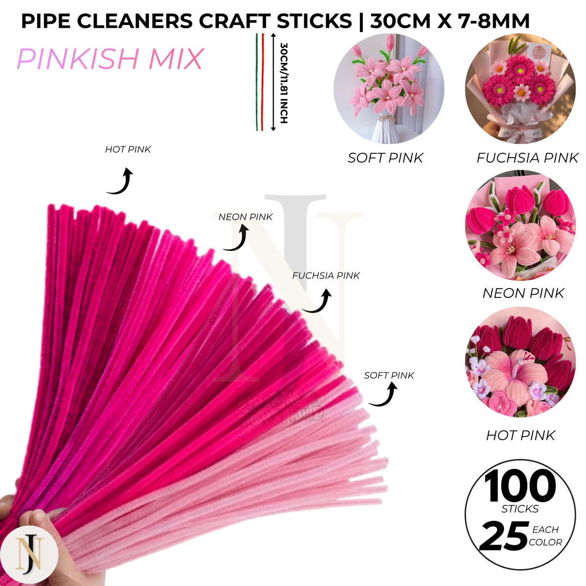 Pipe Cleaners Craft Sticks 100 Pcs Mixed Colors | Velvet Pipe Cleaner (25 Each Color) Chenille Stems 30cm for DIY Crafts, Handmade Flowers, School Projects & Bouquet Decoration