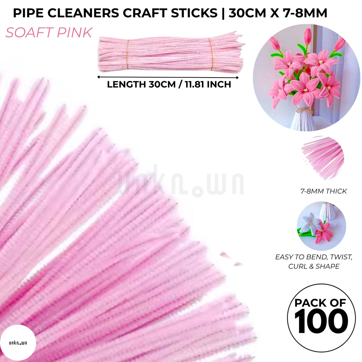 Premium Pipe Cleaner Sticks 100 Pcs | Velvet Pipe (Chenille Stems) for DIY Crafts, Handmade Flowers, School Art & Bouquet Making