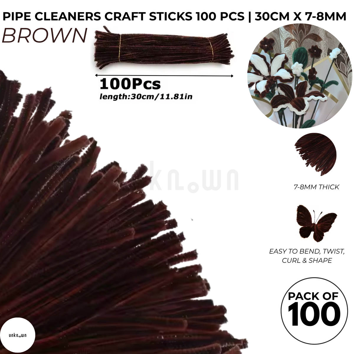 Premium Pipe Cleaner Sticks 100 Pcs | Velvet Pipe (Chenille Stems) for DIY Crafts, Handmade Flowers, School Art & Bouquet Making