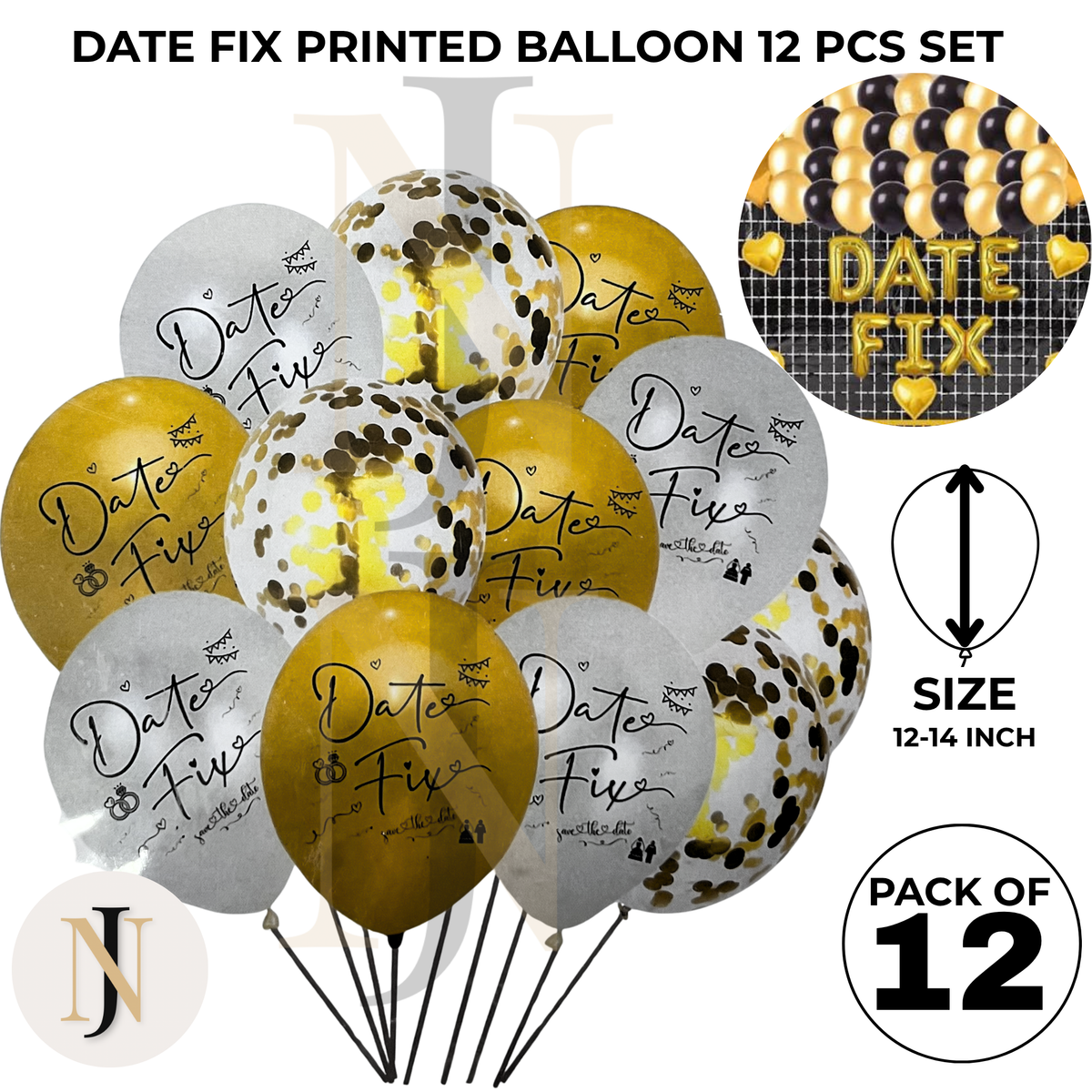 Date Fix printed balloon set with 12 themed balloons in 12–14 inch sizes for party decorations.
