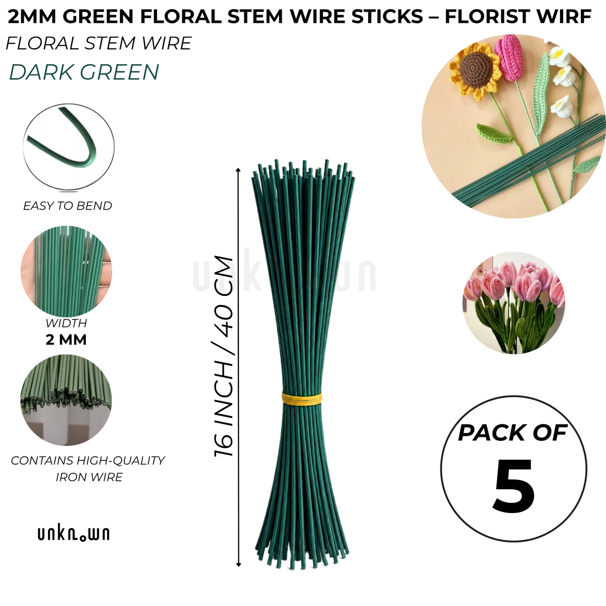 2mm Green Floral Stem Wire Sticks – 16 Inch / 40 CM Florist Wire for Artificial Flowers, Bouquet Making, Floral Crafts & DIY | Pack of 5, 15 & 25