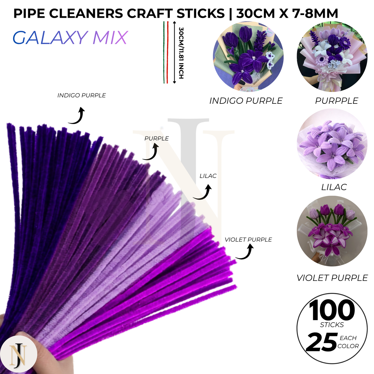 Pipe Cleaners Craft Sticks 100 Pcs Mixed Colors | Velvet Pipe Cleaner (25 Each Color) Chenille Stems 30cm for DIY Crafts, Handmade Flowers, School Projects & Bouquet Decoration