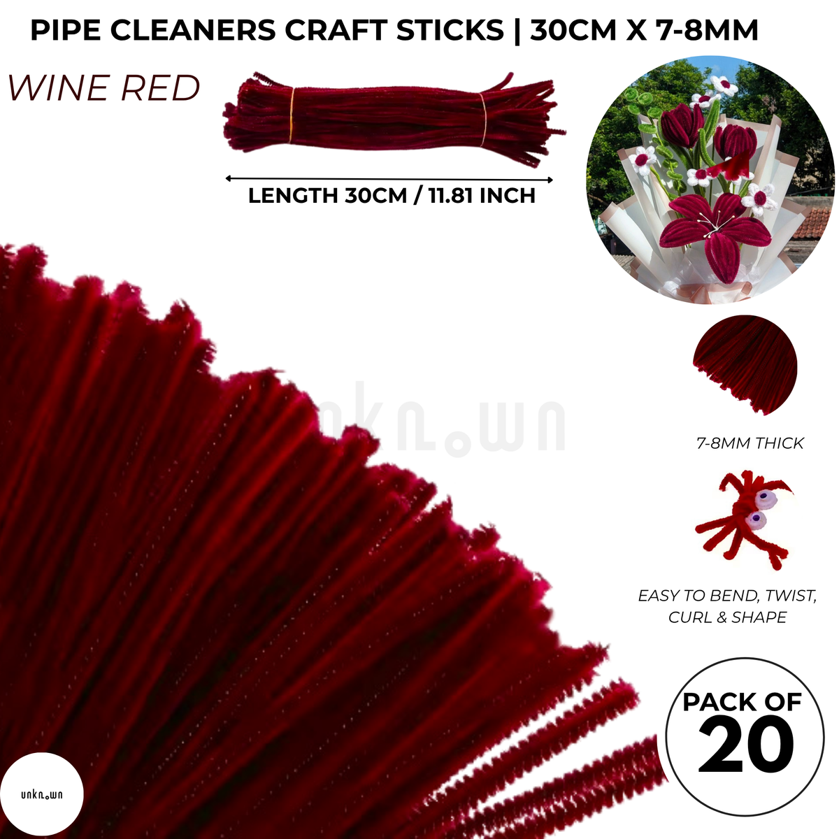 Velvet Pipe Cleaners Craft Sticks (20 Pcs) – 30cm Chenille Stems for DIY Crafts, Pipe Cleaner Flowers, Kids Art, School Projects & Bouquet Making