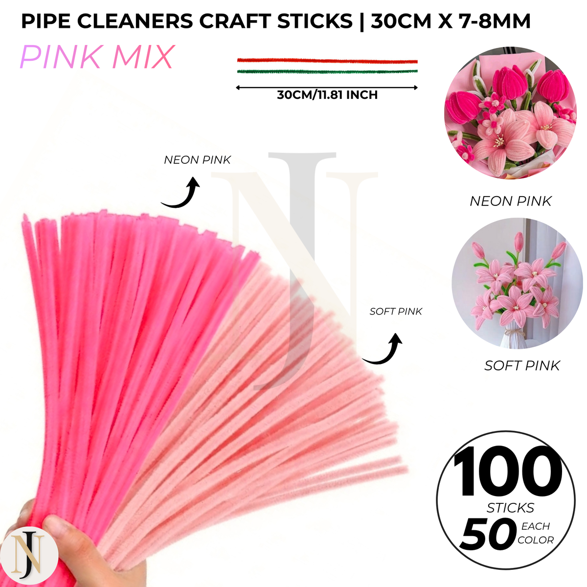 Pipe Cleaners Craft Sticks 100 Pcs (2 Color Mix) | Velvet Pipe Cleaner Chenille Stems 30cm (50+50) for DIY Crafts, Handmade Flowers, Bouquet Decoration & School Projects