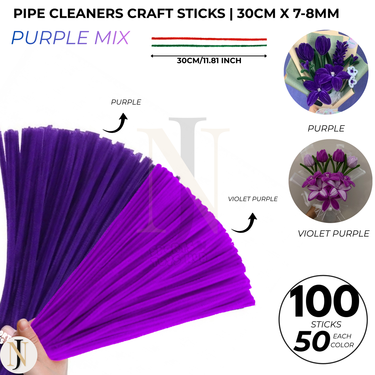 Pipe Cleaners Craft Sticks 100 Pcs (2 Color Mix) | Velvet Pipe Cleaner Chenille Stems 30cm (50+50) for DIY Crafts, Handmade Flowers, Bouquet Decoration & School Projects