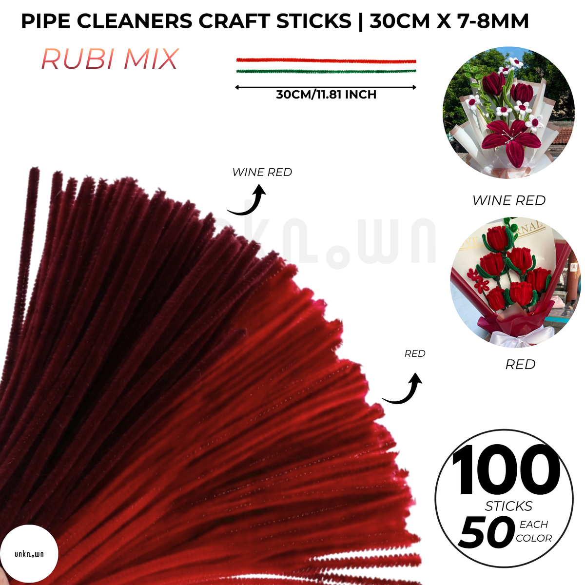 Pipe Cleaners Craft Sticks 100 Pcs (2 Color Mix) | Velvet Pipe Cleaner Chenille Stems 30cm (50+50) for DIY Crafts, Handmade Flowers, Bouquet Decoration & School Projects